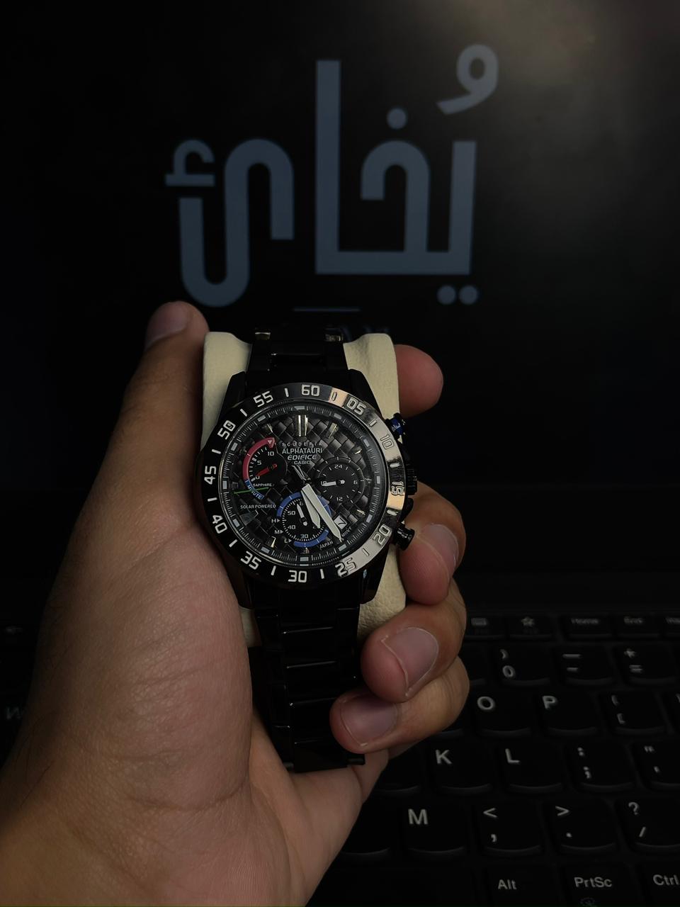 Chrono Package 1 Alphatauri Edifice Casio (Black) Working (Chronograph) With Small Chain Bracelet + Stainless Steel Chain With RIng