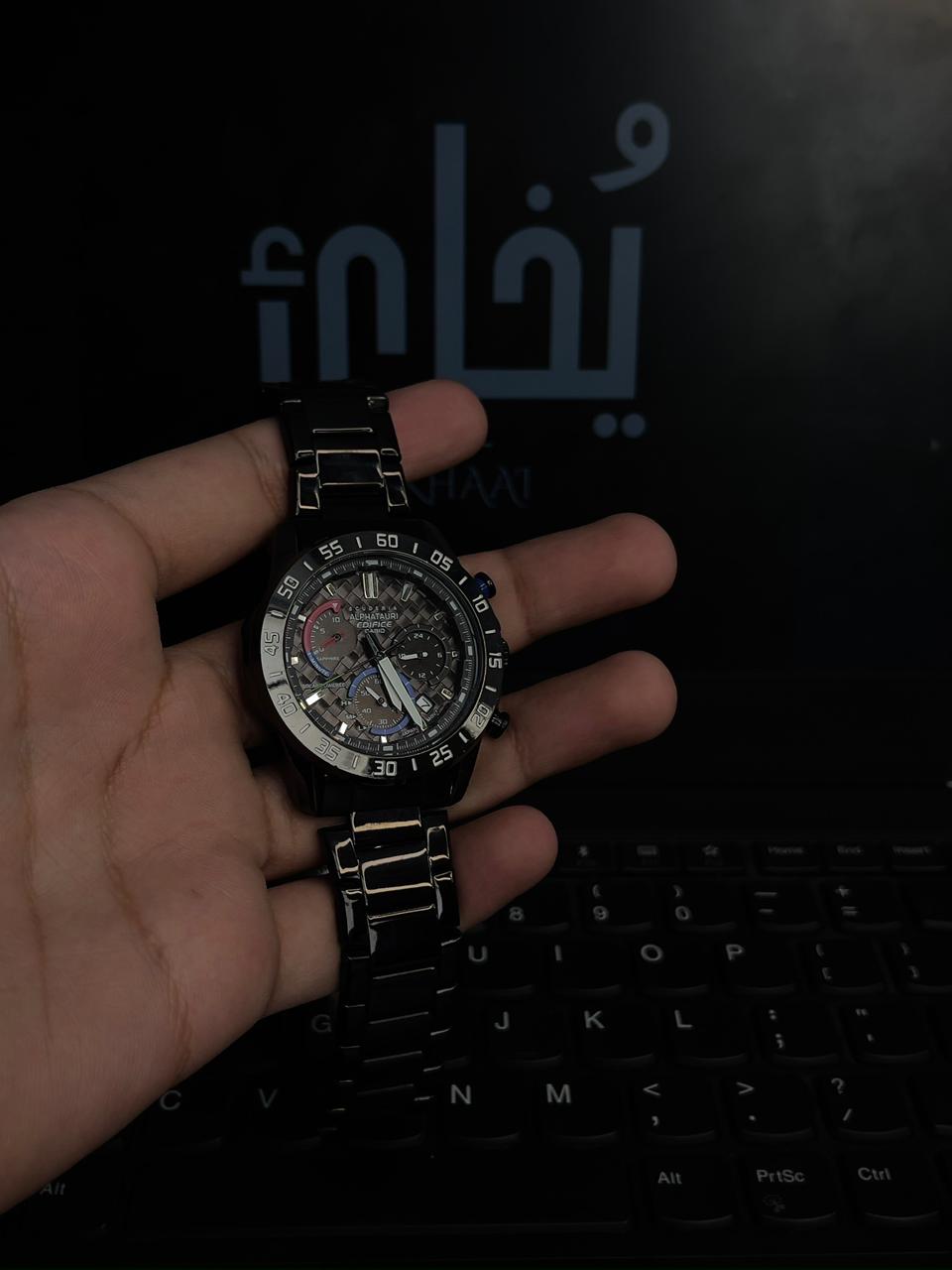Chrono Package 1 Alphatauri Edifice Casio (Black) Working (Chronograph) With Small Chain Bracelet + Stainless Steel Chain With RIng