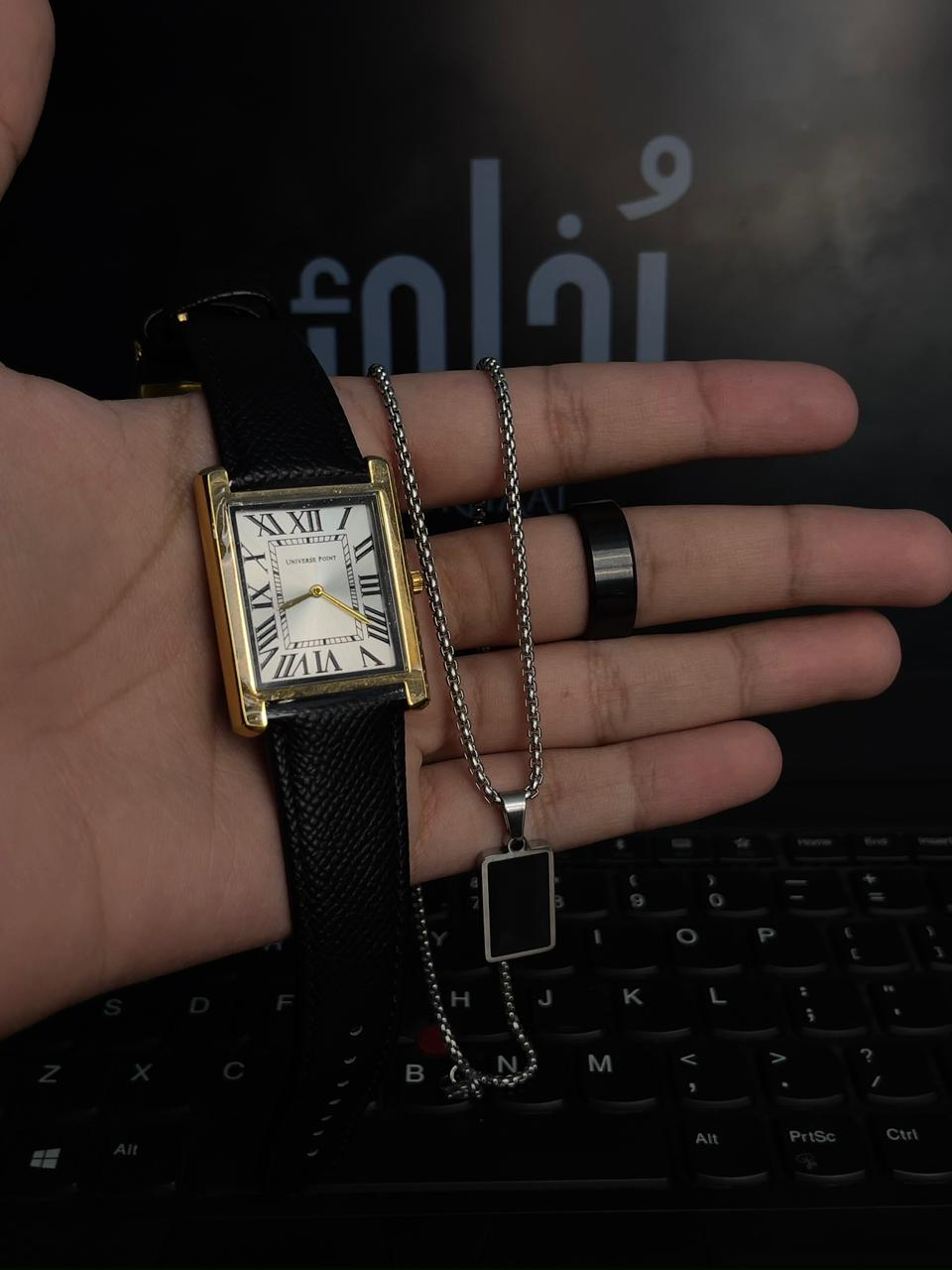 Universe Package 1 Trending Unisex Tank Watch (Black) With Premium Pandent With Chain + Stainless Steel Black Ring