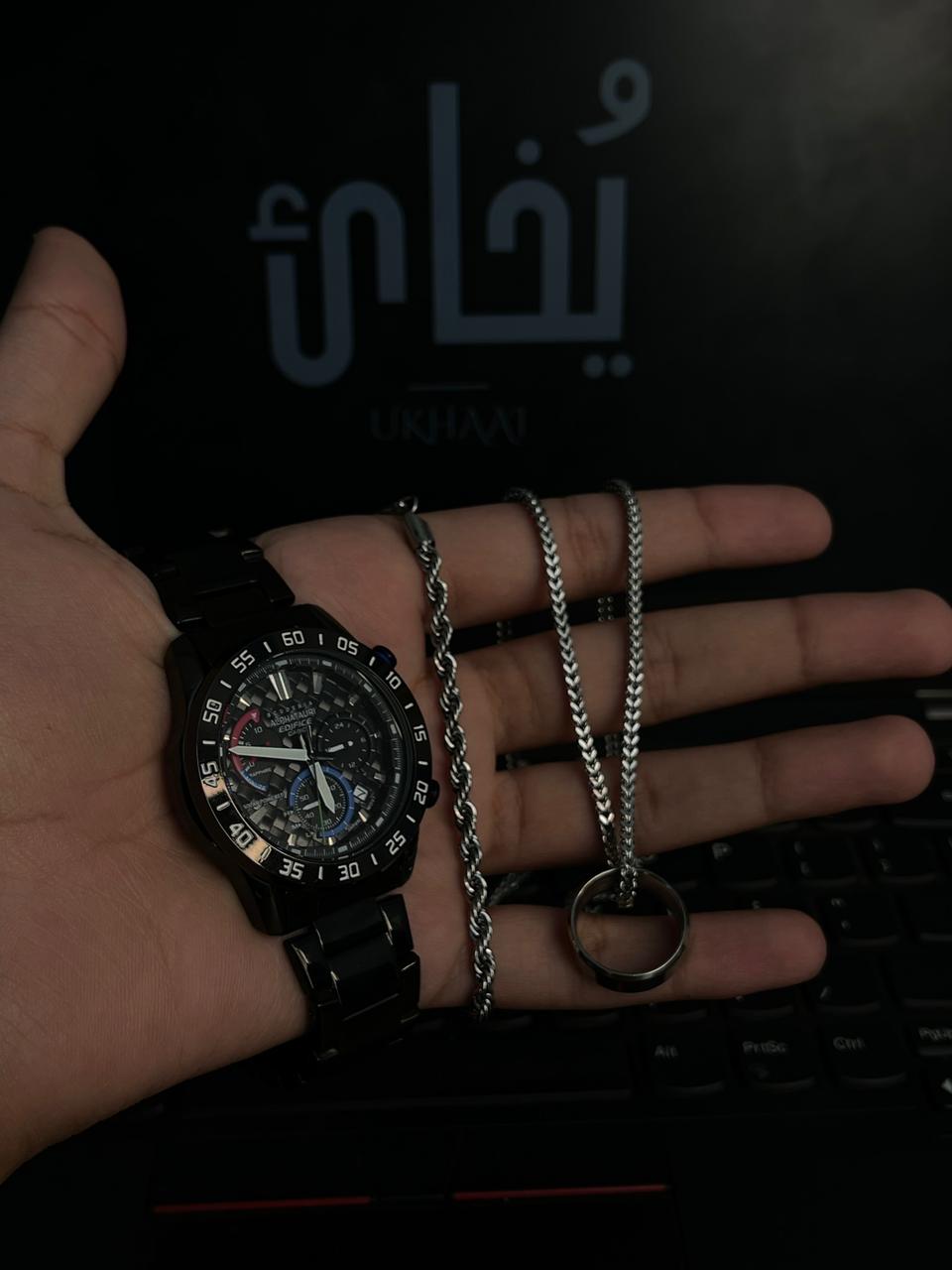 Chrono Package 1 Alphatauri Edifice Casio (Black) Working (Chronograph) With Small Chain Bracelet + Stainless Steel Chain With RIng