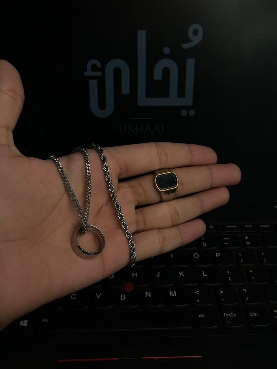 (Accessory Deal) Stainless Steel Chain With Ring +Small Chain Bracelet +Luxury Italian Cut Ring